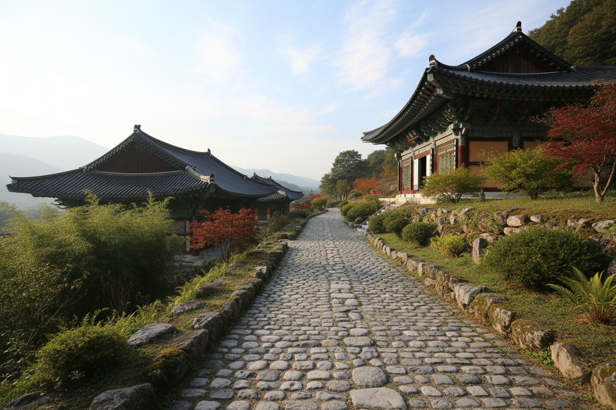 Cobblestone path to Korean temple